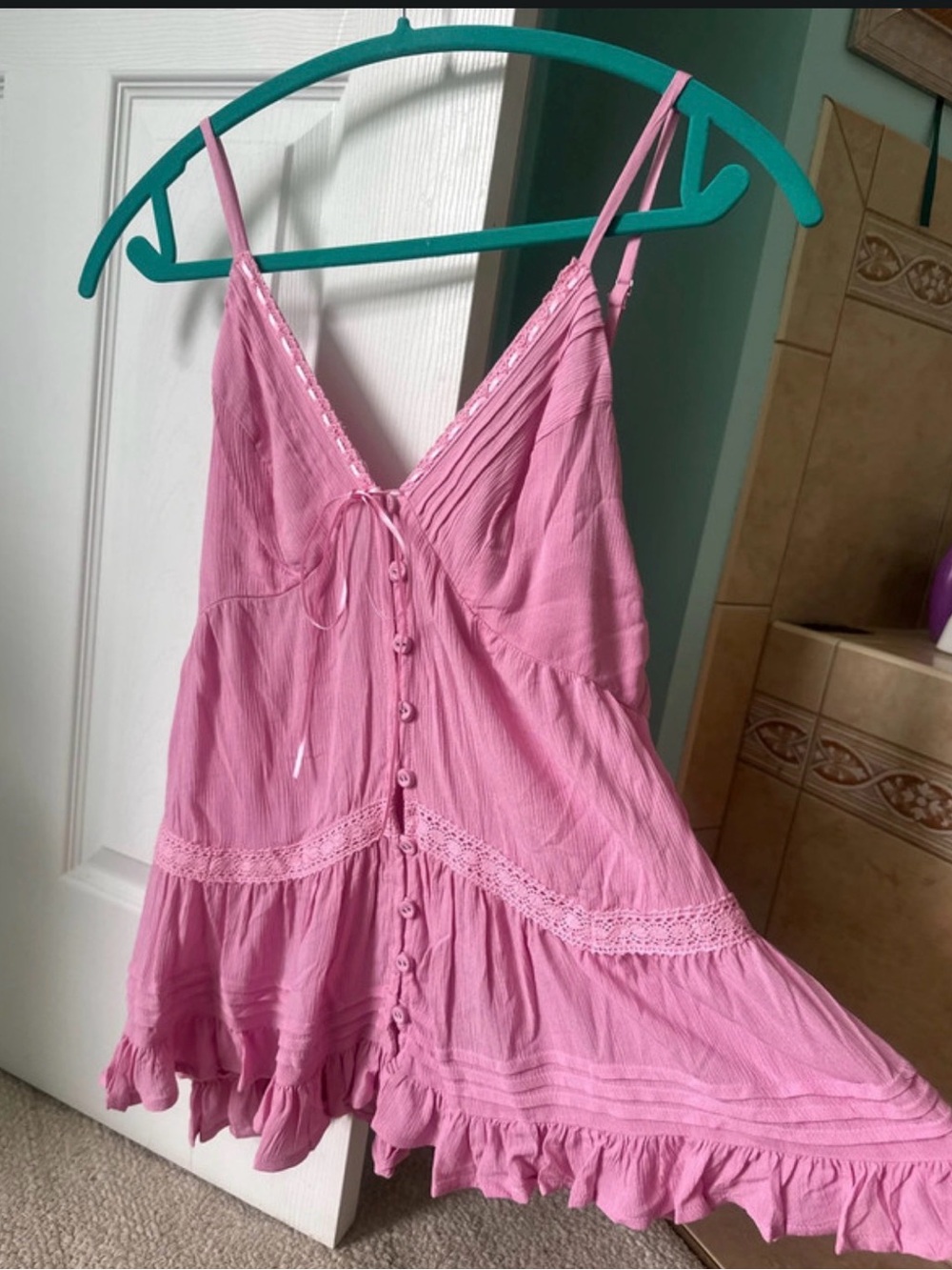 Pink Lace-Trim Spaghetti Strap Slip Dress